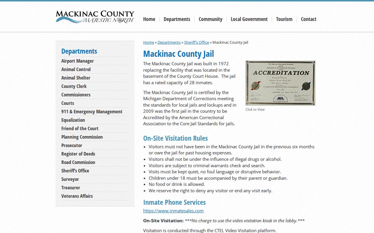 Mackinac County Jail booking-record access page