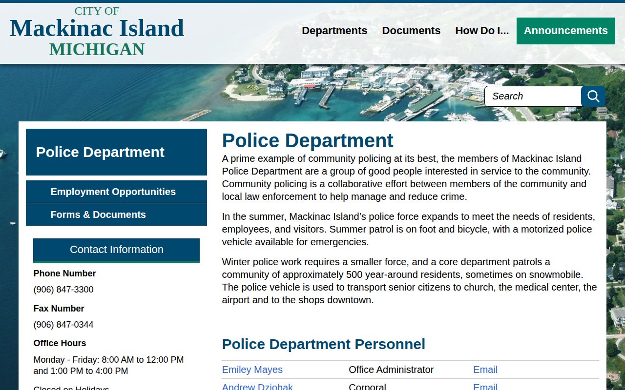 Mackinac Island Police Department Mackinac County arrest-record page